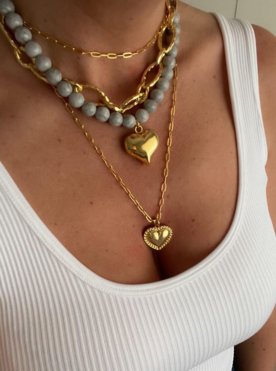 Chunky Gold Heart Pendant Necklace: Grey Jade Gemstone Statement Jewelry - Etsy | Etsy (US)