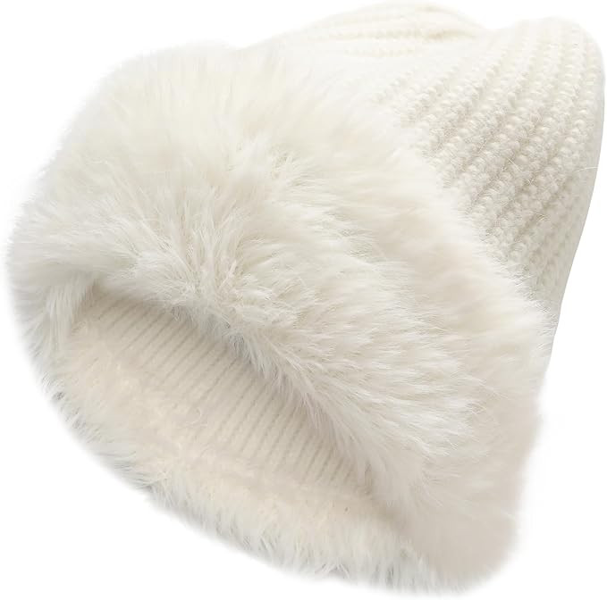 ZLYC Winter Faux Fur Slouchy Beanie Hat for Women Warm Knit Stretch Cuffed Skull Cap | Amazon (US)