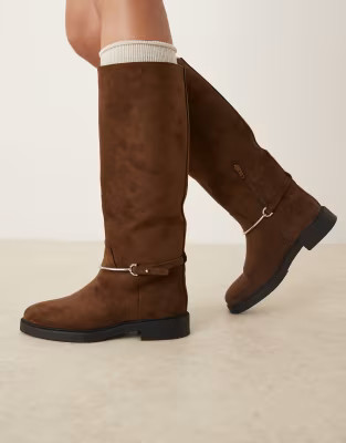 ASOS DESIGN Cole flat riding knee boots in chocolate suedette with trim | ASOS (Global)