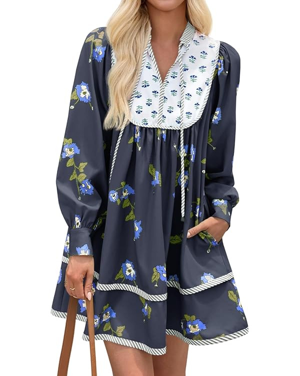 Wenrine Womens Casual Floral Mini Dress 2025 Fall Long Sleeve V Neck Patchwork Loose Boho Shirt D... | Amazon (US)