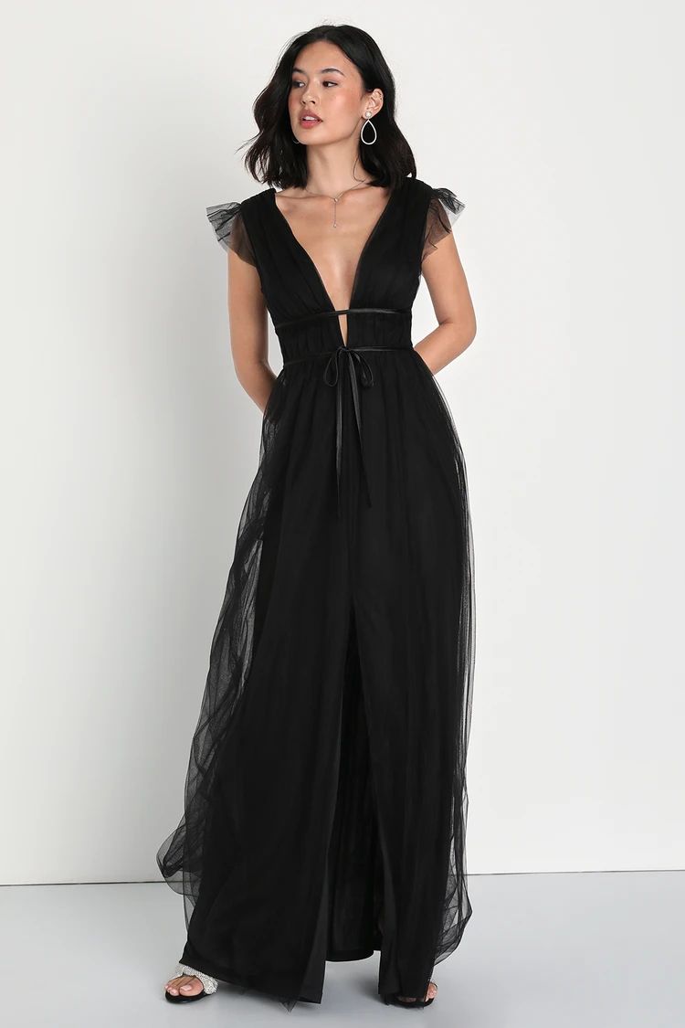 I'm All Yours Black Tulle Ruffled Maxi Dress | Lulus