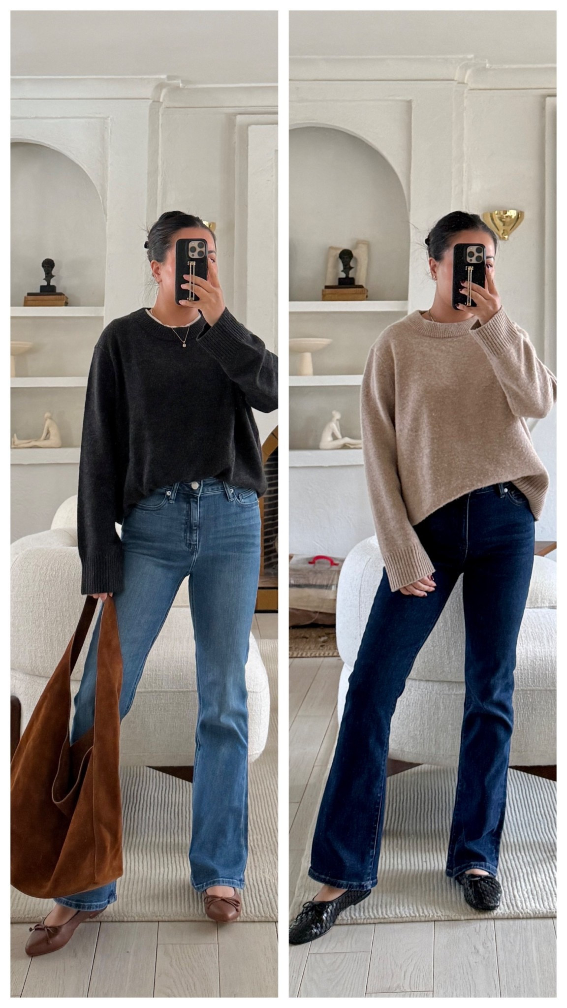 For size reference, I’m 5 ft 115 pounds and wearing the sizes below.

SWEATER: Affordable cashmere sweater. So soft and comfortable. I’m wearing a size Small for a more oversized look (I can also fit a size XS).

JEANS: Bella Stretch Kick Flare Jeans in color ‘Seaside Blue’ and wearing a 26x28. It’s the perfect full length on me. And it’s midsection friendly!

@onequince  #quincepartner