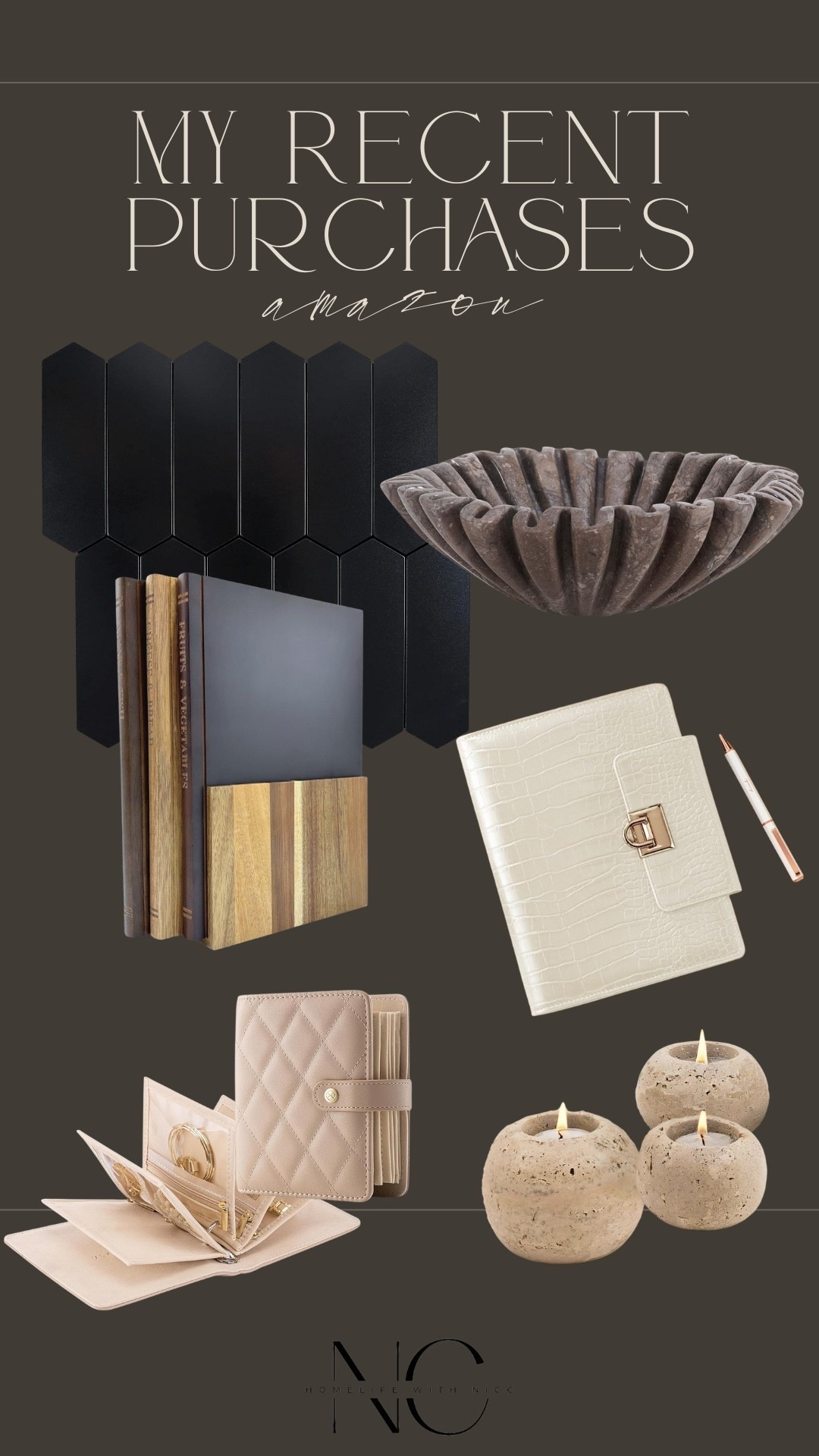 A few of my recent Amazon purchases! Gorgeous marble ruffled bowl, book shaped acacia cutting boards, a new 2026 planner (love the gorgeous white and gold), and travel jewelry holder (I’ve tried so many and this is by far my fave), peel and stick backsplash (so easy to cut and apply), and these beautiful marble/travertine tea light holders! 

#LTKTravel #LTKSaleAlert #LTKHome