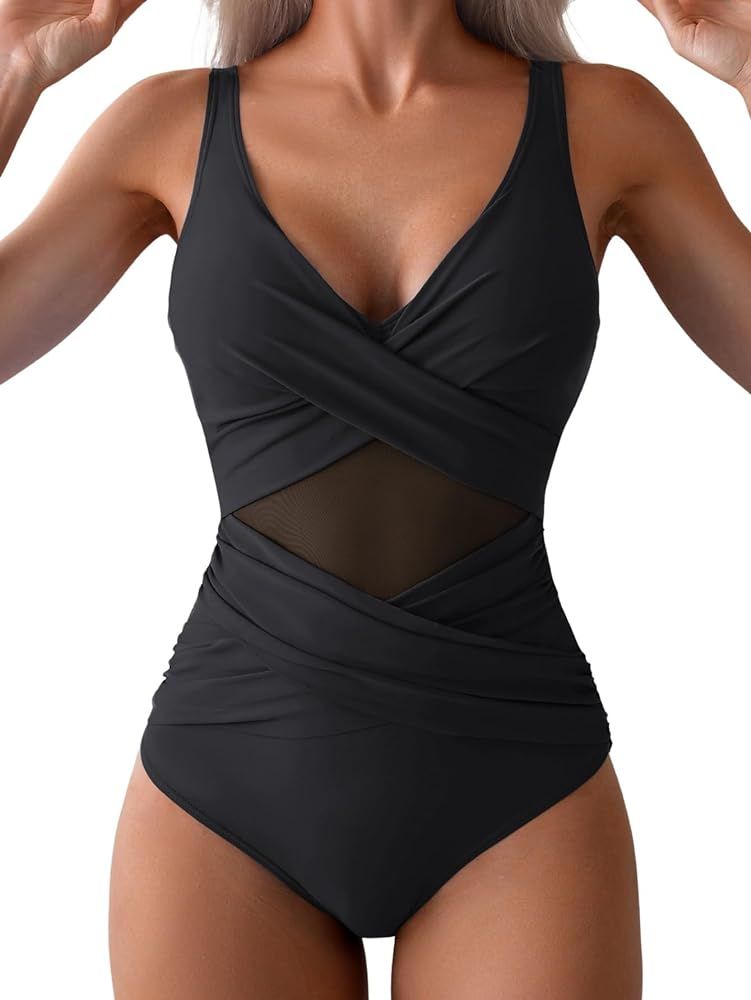 Aidonger One Piece Swimsuit Women Mesh Tummy Control Bathing Suit V Neck Wrap Swimwear Cut Out Hi... | Amazon (US)