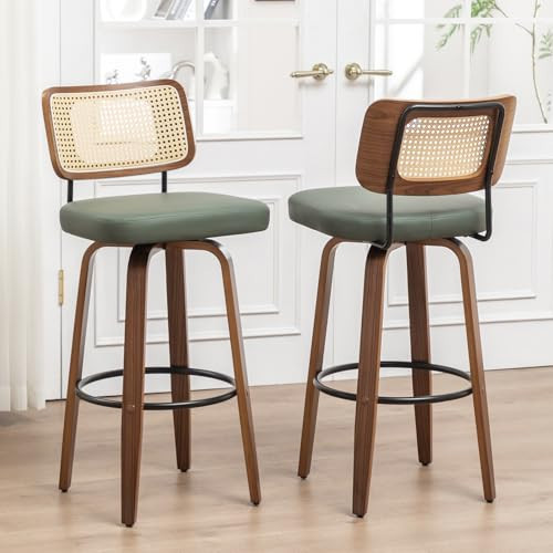 Swivel Bar Stools Set of 2-30 inch Rattan Bar Stools with Walnut Craftsmanship, Curved Rattan Back, Upholstered Seat, Mid Century BarStools for Island/Bar/Pub/Cafe (30" Seat Height, Green) | Amazon (US)