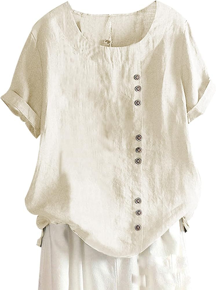 Yeokou Women Cotton Blend Crew Neck Short Sleeve Basic Tunic Tee Shirts Tops Blouse | Amazon (US)
