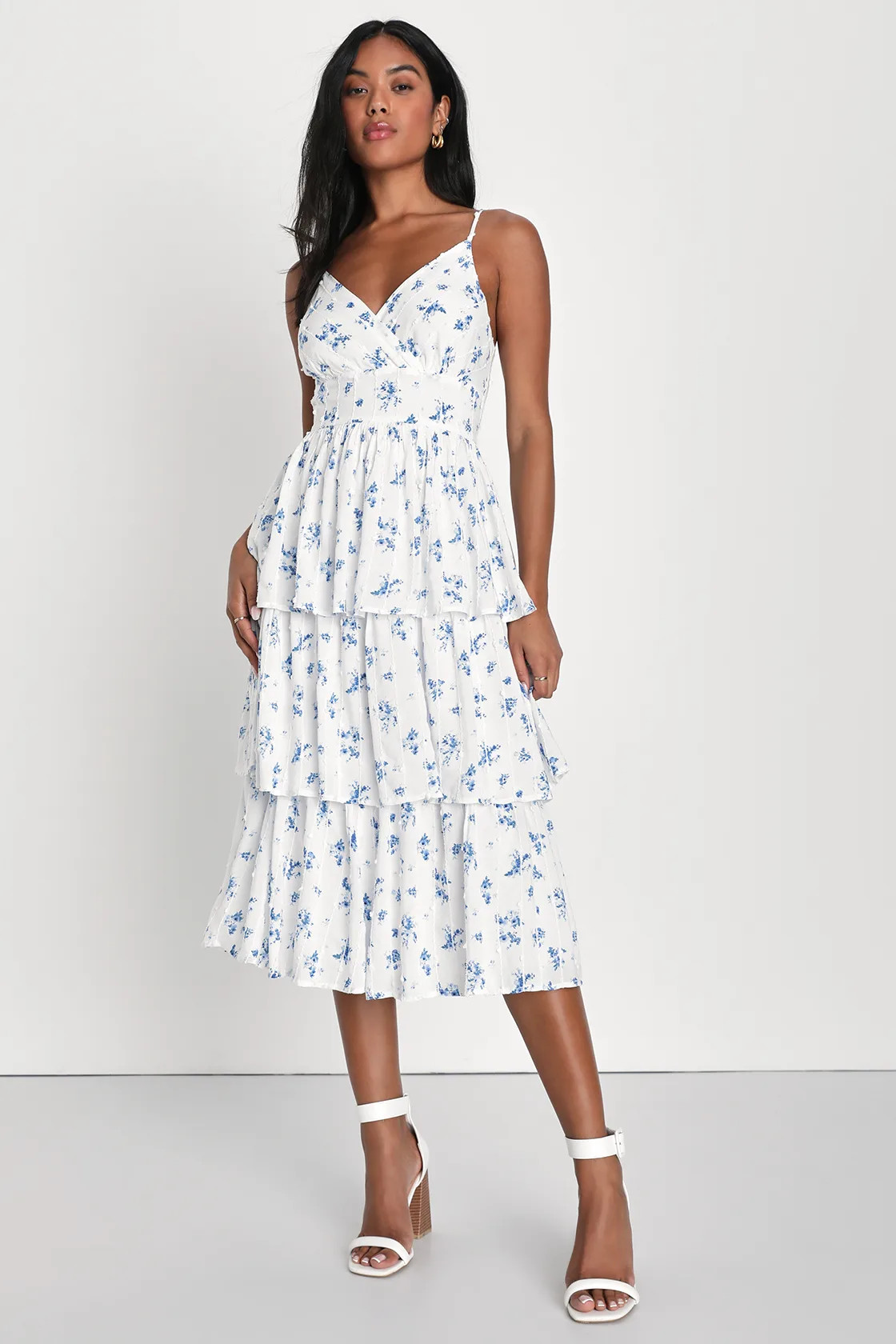 Sweet Inclination White Floral Print Tiered Tie-Strap Midi Dress | Lulus (US)
