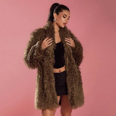 Autumn Winter Fashion Elegant Brown Color Plush Funnel Neck Fleece Long Sleeves Coat, Women Fluffy Coat,Plush Warm Fluffy Coat | SHEIN