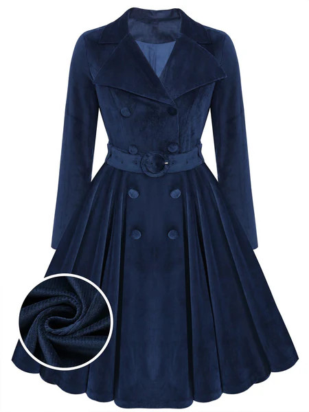 Navy Blue 1950s Corduroy Long Coat | Retro Stage