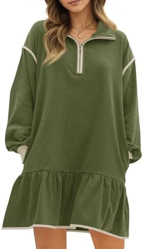 Wenrine Womens 2025 Fall Oversized Sweatshirt Dress Casual Long Sleeve Quarter Zip Ruffle Hem Pul... | Amazon (US)