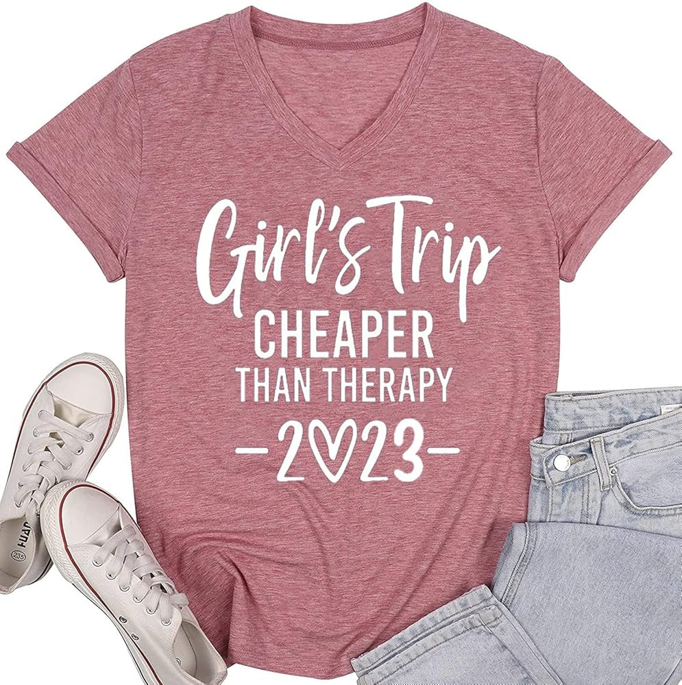QIANRUO Girls Trip Cheaper Than Therapy Tshirt Women Funny Letter Print Short Sleeve V Neck T Shi... | Amazon (US)