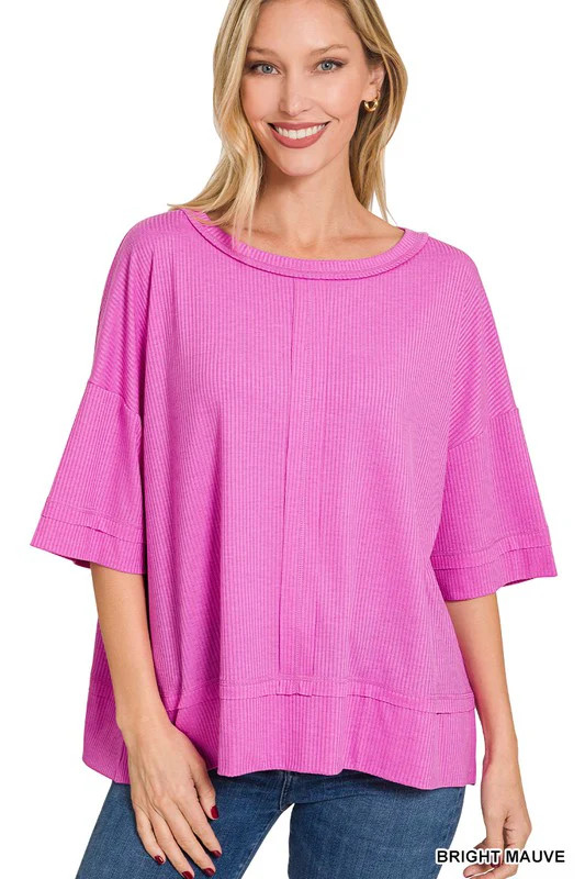 Ribbed Boat Neck Dolman Sleeve Top w/ Front Seam | Casual Chic Boutique