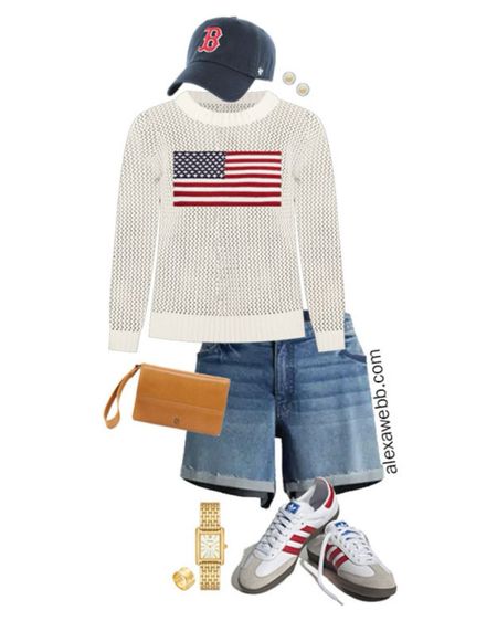 Plus Size Fourth of July Outfits 2024 - Look 2 - An adorable casual plus size outfit idea for Fourth of July with an American flag open-weave sweater and cut-off denim shorts and red adidas Samba sneakers. Alexa Webb #plussize

#LTKPlusSize #LTKSeasonal #LTKStyleTip
