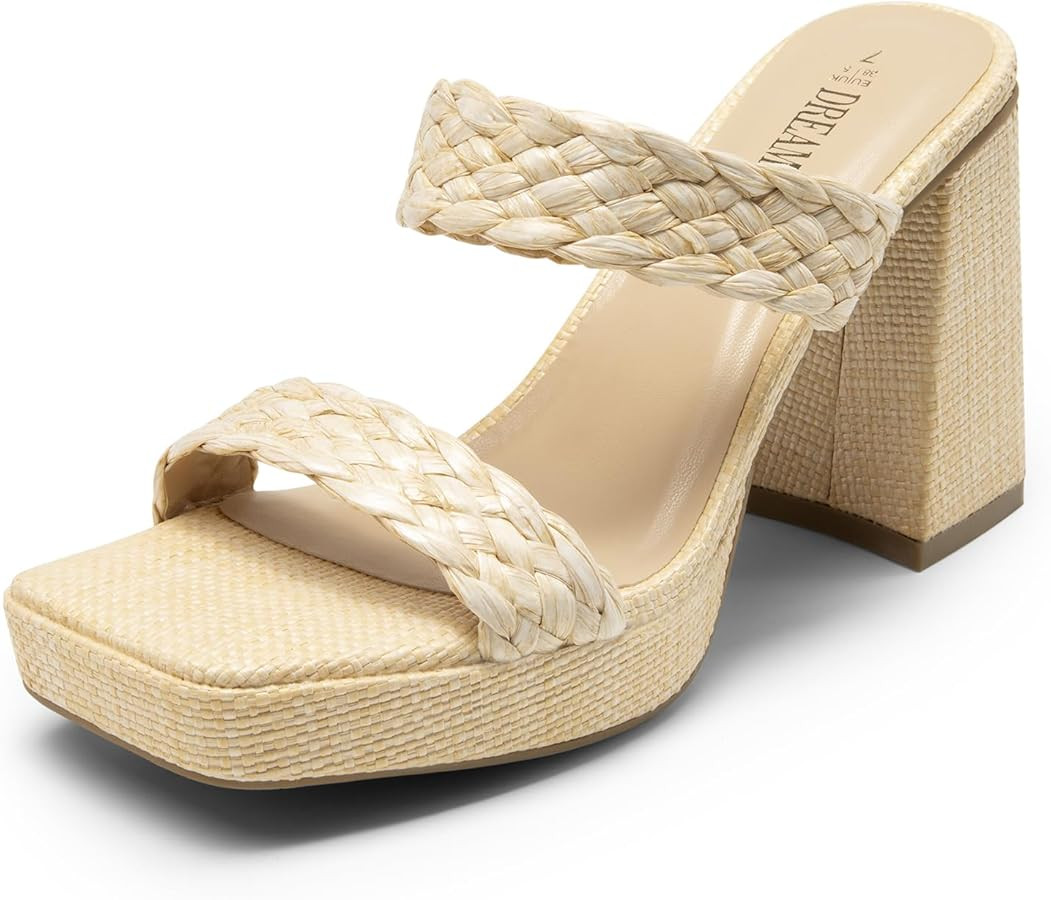 DREAM PAIRS Women's Two Braided Strap High Chunky Heels for Women Slip on Open Square Toe Block P... | Amazon (US)