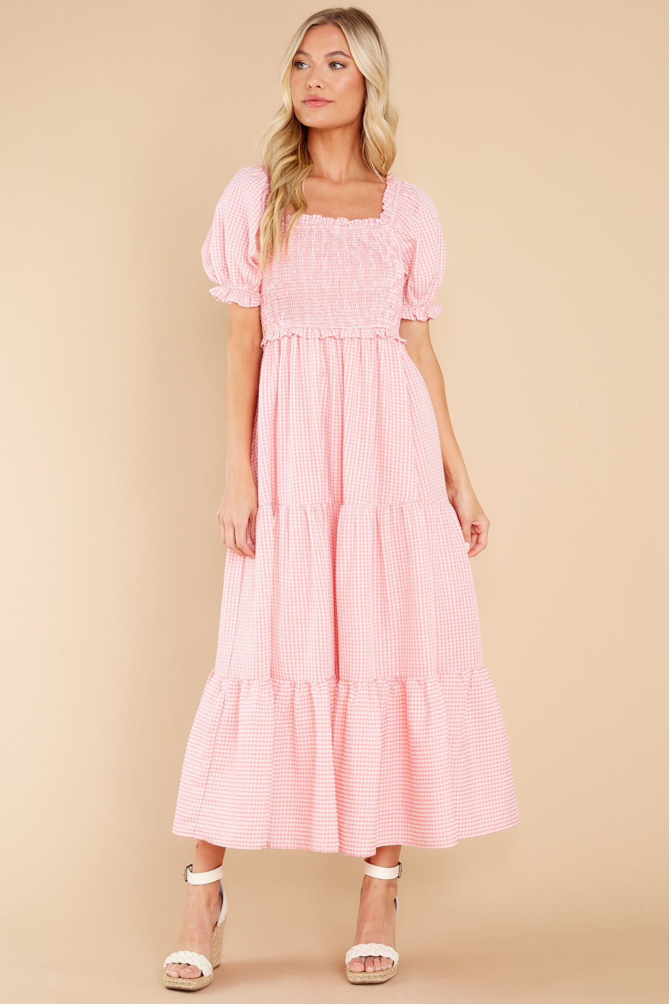 Acts Of Kindness Coral Pink Gingham Midi Dress | Red Dress 