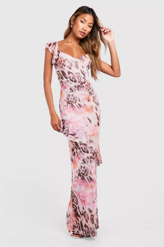 Mixed Leopard Mesh Ruffle Maxi Dress | Boohoo.com (UK & IE)