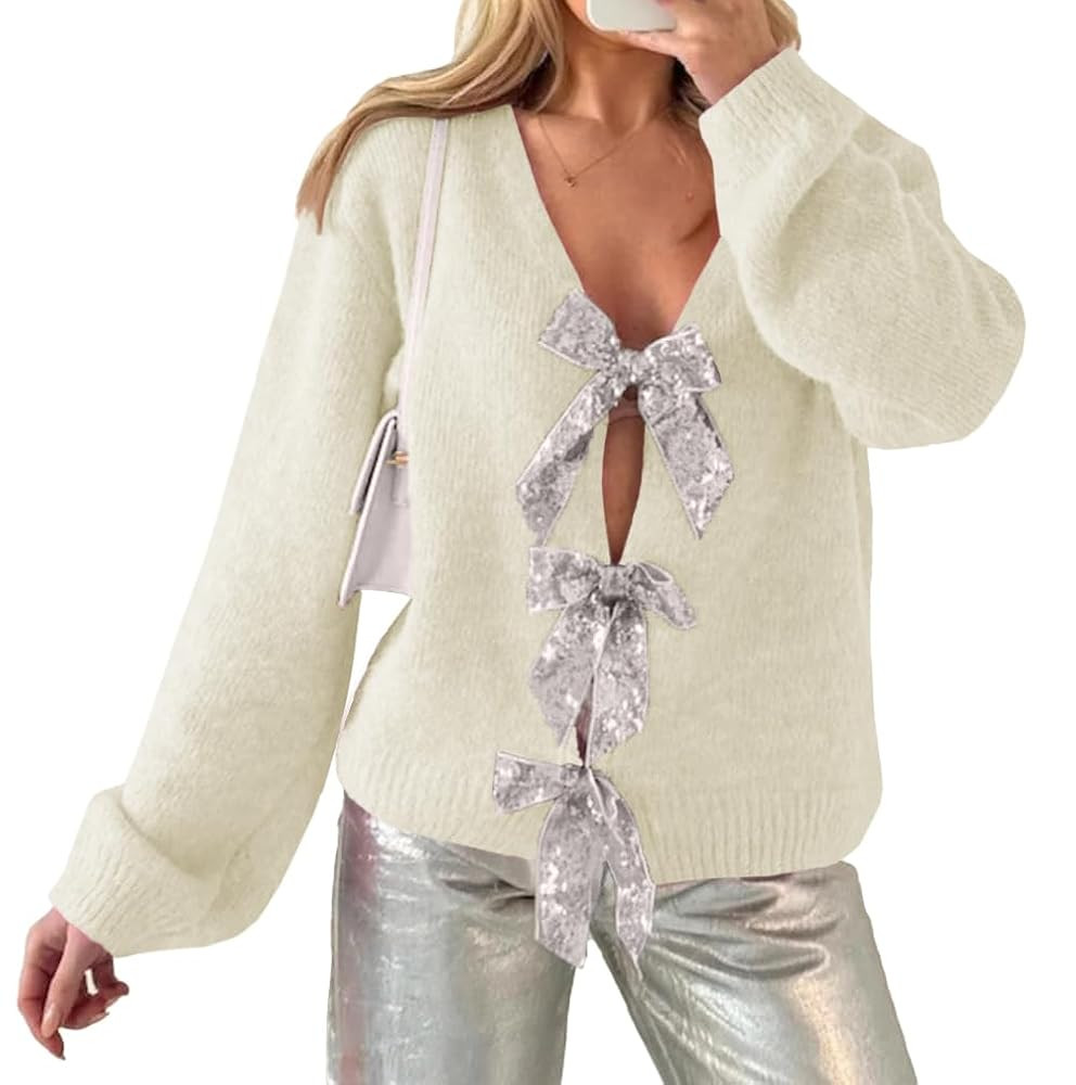 ZDC Womens Bow Sweater Cardigan Trendy Button Down Open Front Sweaters Sexy Knit Fall Coats | Amazon (US)