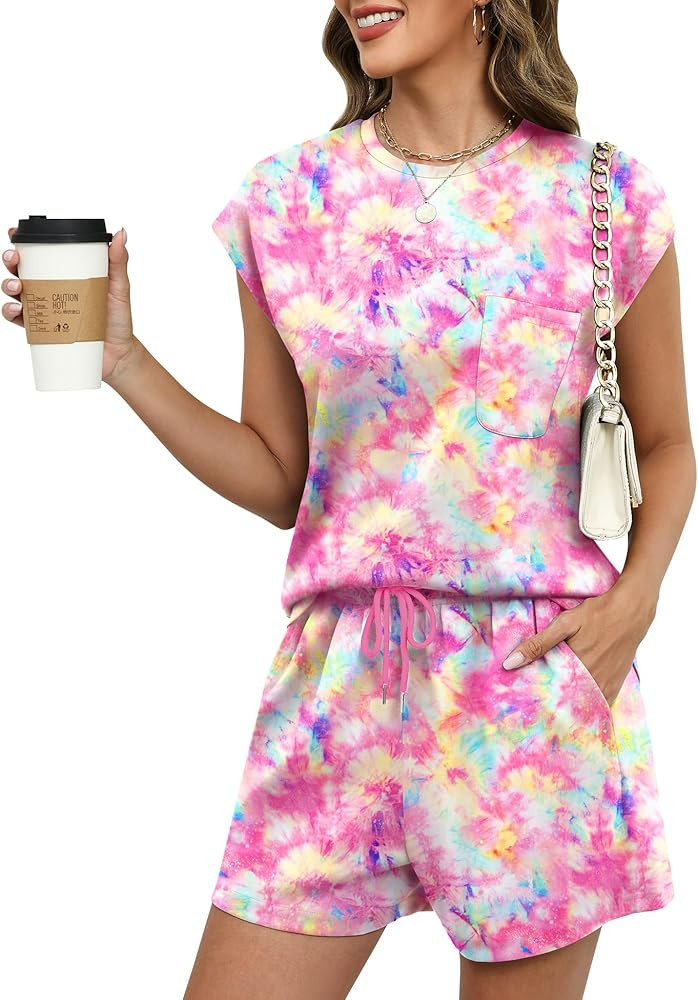 LOMON Two Piece Shorts Sets for Women Vacation Trendy Lounge Sets Crew Neck Matching Sets Cap Sle... | Amazon (US)