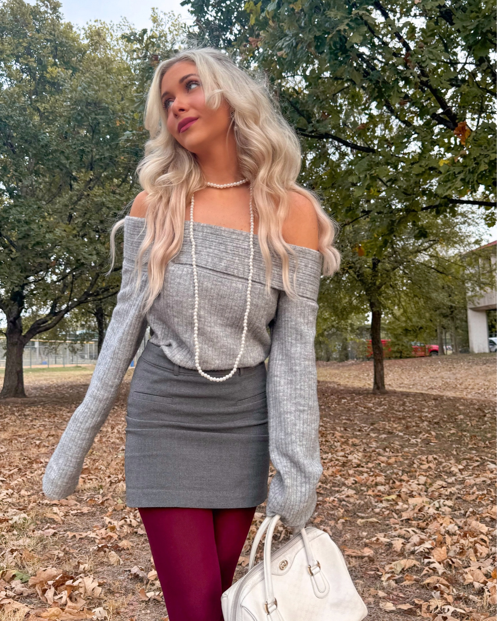 Sweater size x small
Skirt size x small

Burgundy tights, burgundy fall outfit, burgundy outfit, grey and burgundy outfit, grey mini skirt, grey sweater, off the shoulder sweater, bow claw clip, layered pearl necklace, long pearl necklace, monochrome outfit, velvet black flats, ballet flats, fall fashion trends, fall fashion 2024

#LTKStyleTip #LTKBeauty #LTKSeasonal