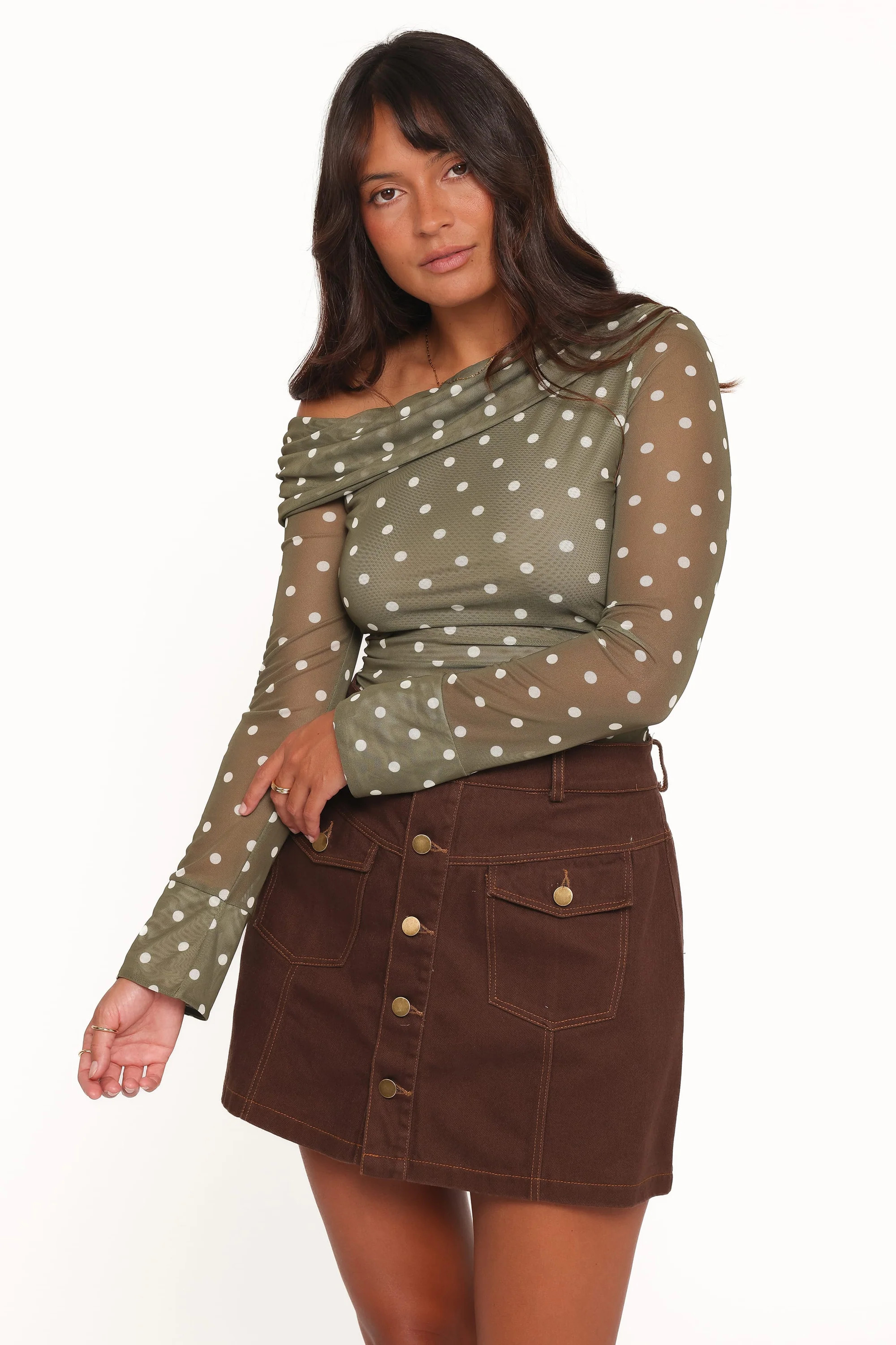 Ginevra Off Shoulder Mesh Top - Green Polka Dot | Petal & Pup (AU)