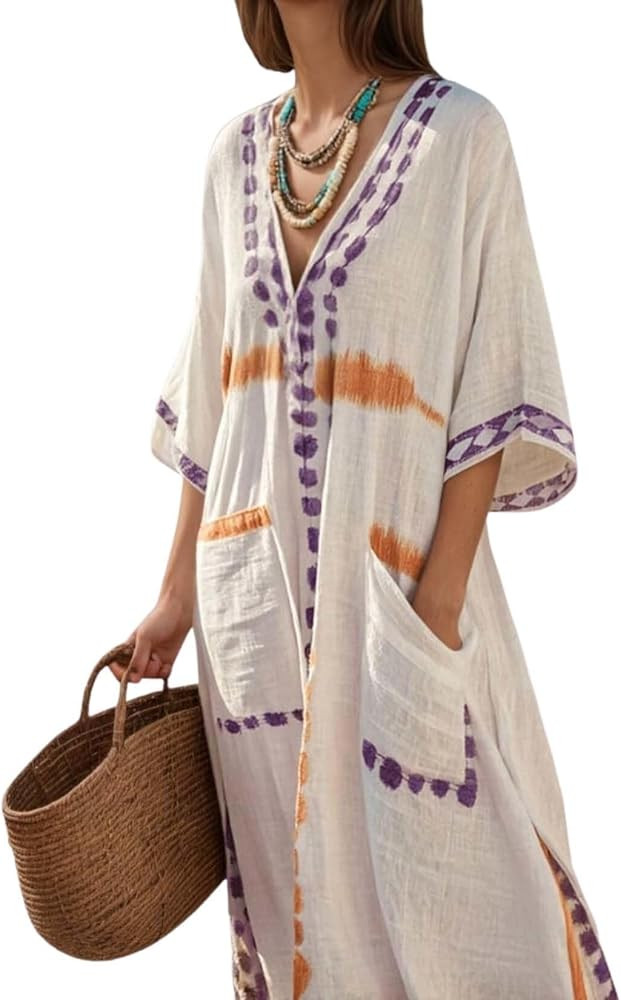 Zhyaj Women's Striped Cotton Linen Maxi Dress Summer Oversized Half Sleeve V Neck Flowy Hem Dress... | Amazon (US)
