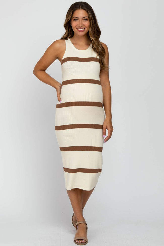 Ivory Striped Sleeveless Sweater Maternity Midi Dress | PinkBlush Maternity