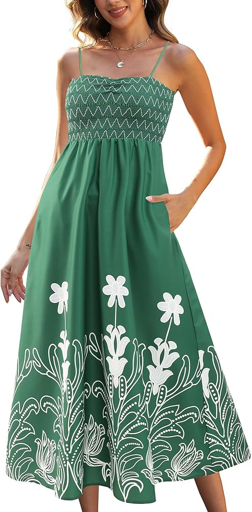 Gardenwed Women's Floral Print Maxi Dress,Spaghetti Strap Smocked Bodice A-Line Sundress with Poc... | Amazon (US)