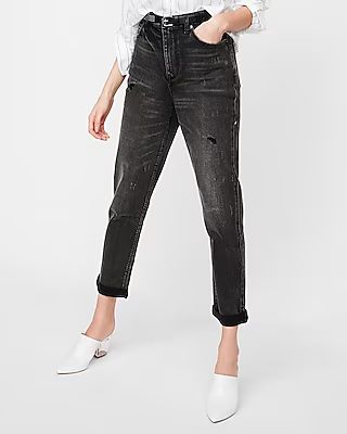 Express Womens High Waisted Black Distressed Girlfriend Jeans | Express