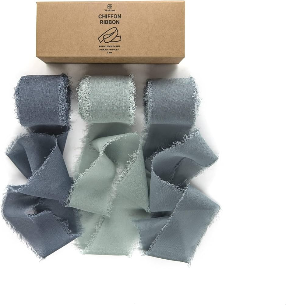 Vitalizart Dusty Blue Handmade Chiffon Silk Ribbon Fringe 1.5" x 21 Yd Frayed Edges Ribbons for W... | Amazon (US)