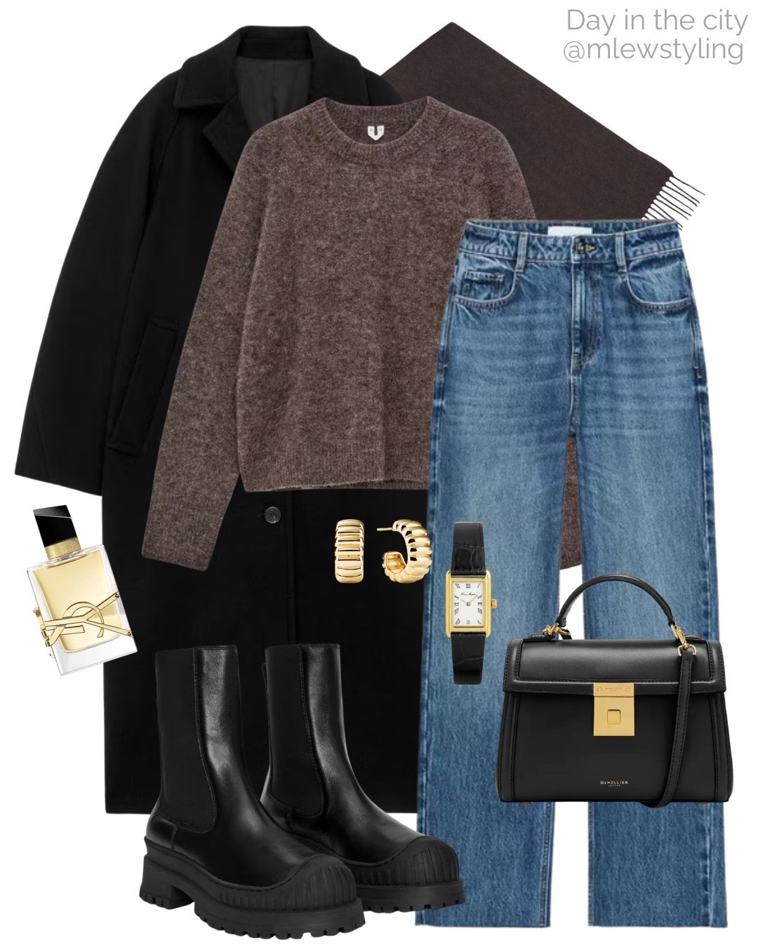 Winter outfit for a day in the city 🤎

Tags: black wool coat, espresso brown alpaca sweater, Zara straight leg jeans, ysl perfume, Arket Chelsea boots, black DeMellier bag, gold hoop earrings, brown scarf, holiday shopping outfit 

#LTKSeasonal #LTKootd #LTKHoliday