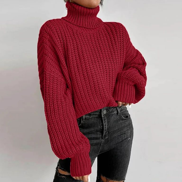 VSSSJ Women's Turtleneck Cropped Sweaters Lantern Long Sleeve Pullover Solid Color Casual Chunky ... | Walmart (US)