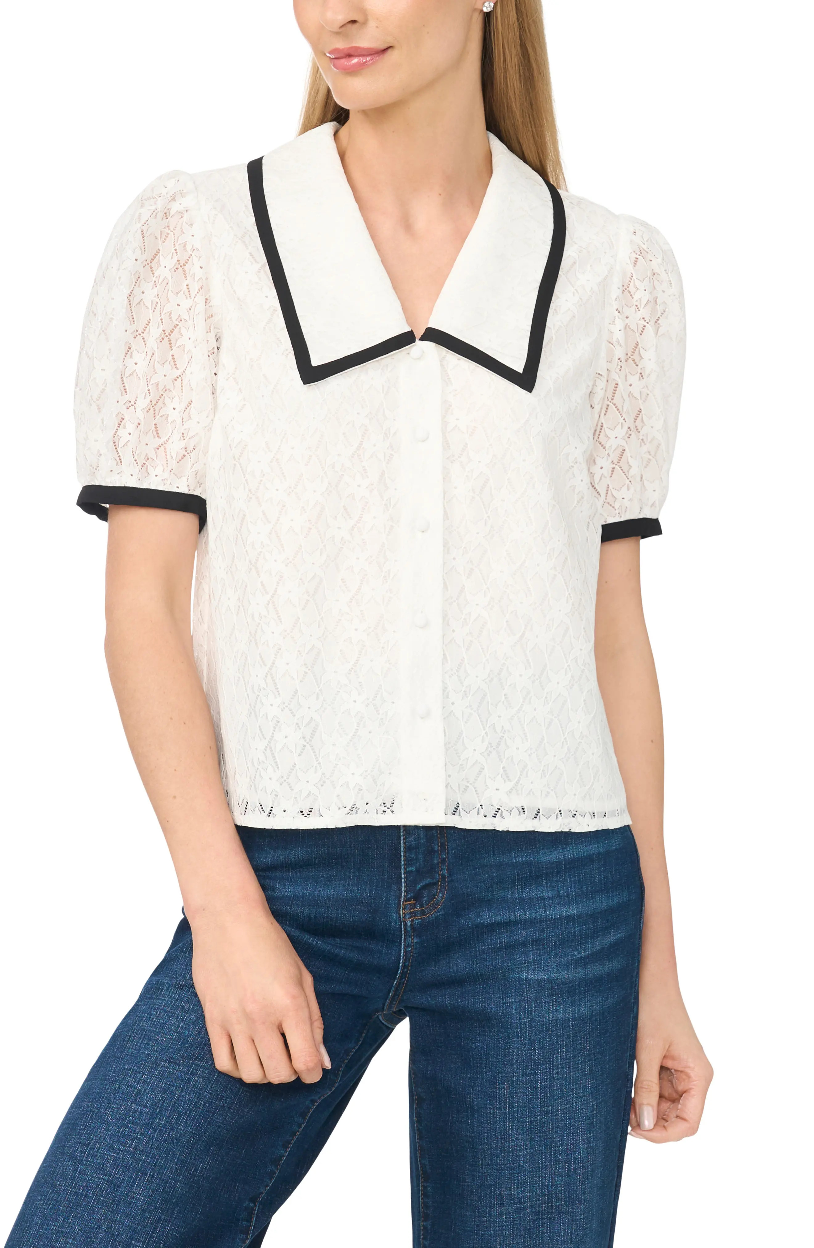 CeCe Contrast Trim Lace Puff Sleeve Top (Women) | Nordstrom | Nordstrom