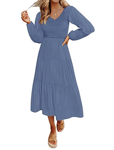 MEROKEETY Women's 2024 Casual Long Sleeve Smocked Dress V Neck High Waist Ruffle Tiered Midi Dres... | Amazon (US)