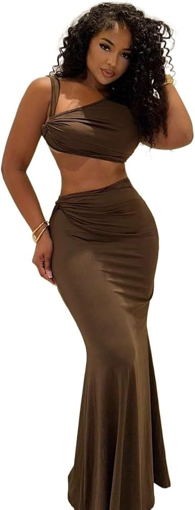Womens 2 Piece Skirt Sets Fits Solid Asymmetrical Neck Crop Top & Hem Skirt 2 Pieces Set | Amazon (US)