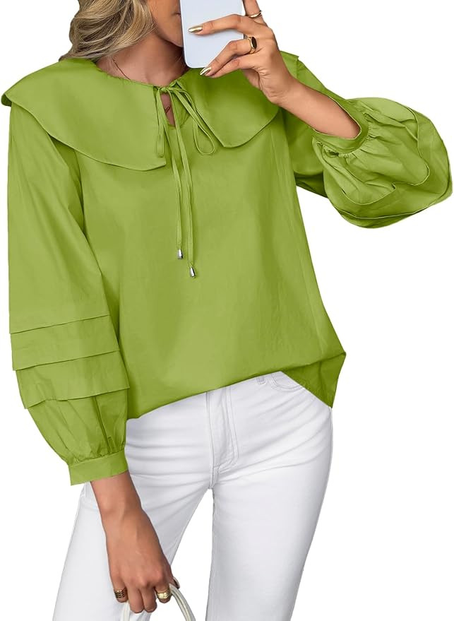 Cicy Bell Womens Peter Pan Collar Shirts Long Puff Sleeve Cotton Blouses Trendy Casual Loose Fit ... | Amazon (US)