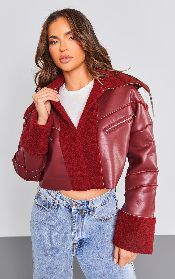 Cherry Red Bonded Borg Lined Faux Leather Cropped Aviator Jacket | PrettyLittleThing US