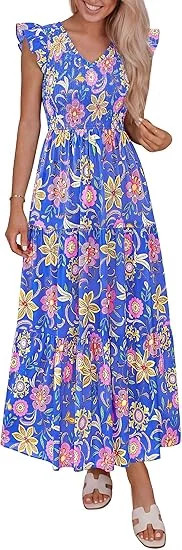PRETTYGARDEN Women's Boho Floral Maxi Dress Summer Smocked V Neck Ruffle Sleeve Spring Flowy Beac... | Walmart (US)