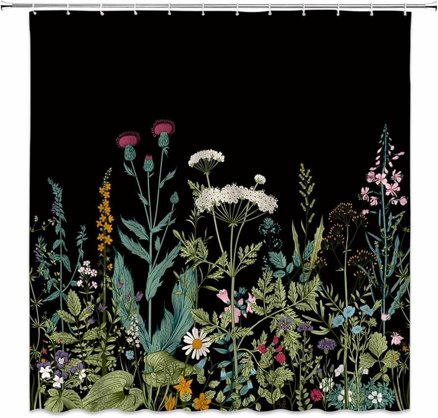 ZSSEZS Floral Herbs Shower Curtain Black Flower Vintage Botanical Border Green Leaves Retro Bloss... | Amazon (US)