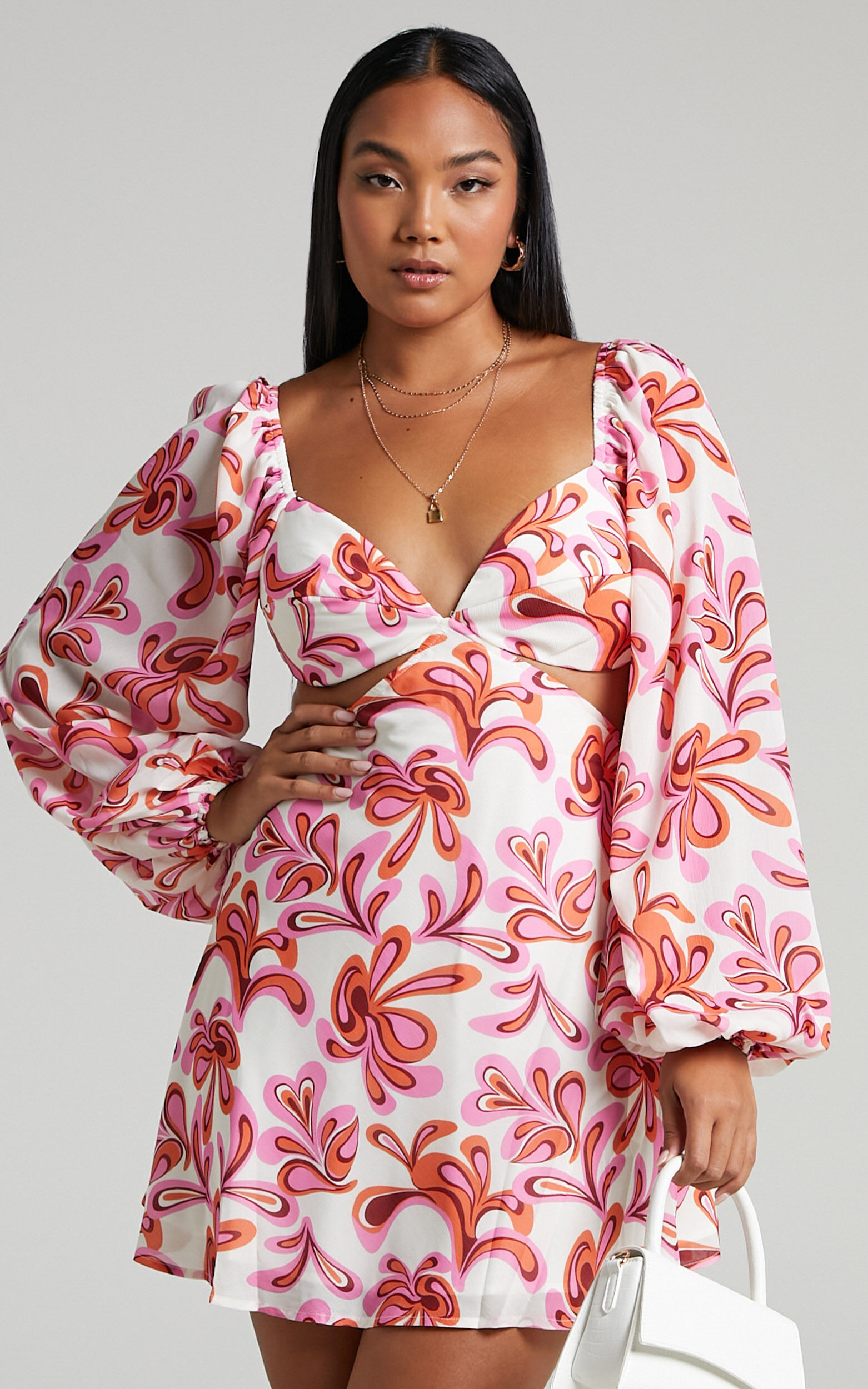 Frederica Tie Back Long Sleeve Mini Dress in Pink Swirl | Showpo (US, UK & Europe)