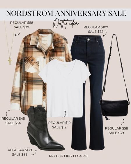 Nordstrom Anniversary Sale outfit idea. 

Shacket, white tee, flare jeans, ootd, black purse, booties

#LTKstyletip #LTKxNSale #LTKsalealert