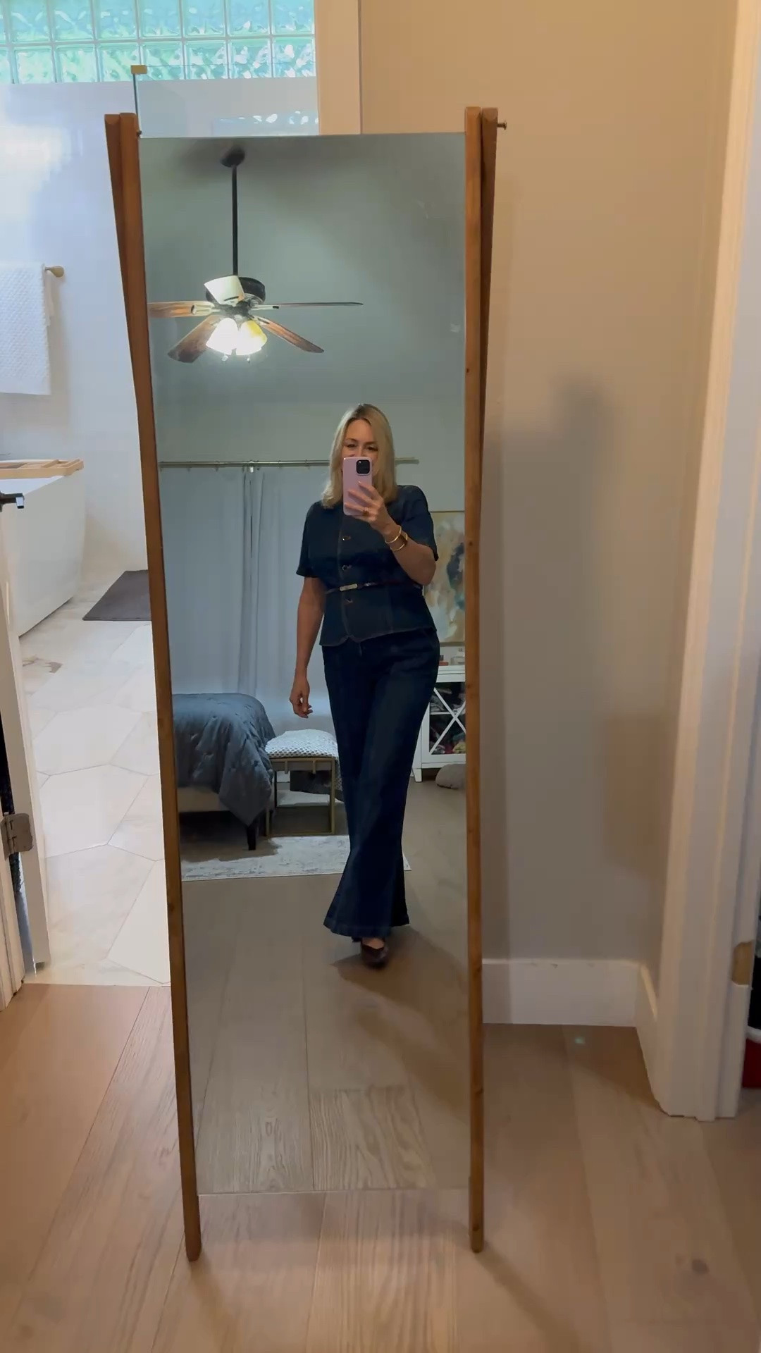 Love these flare jeans and denim top!  Fall outfit, business casual, denim, wide leg jeans, casual outfit over 50