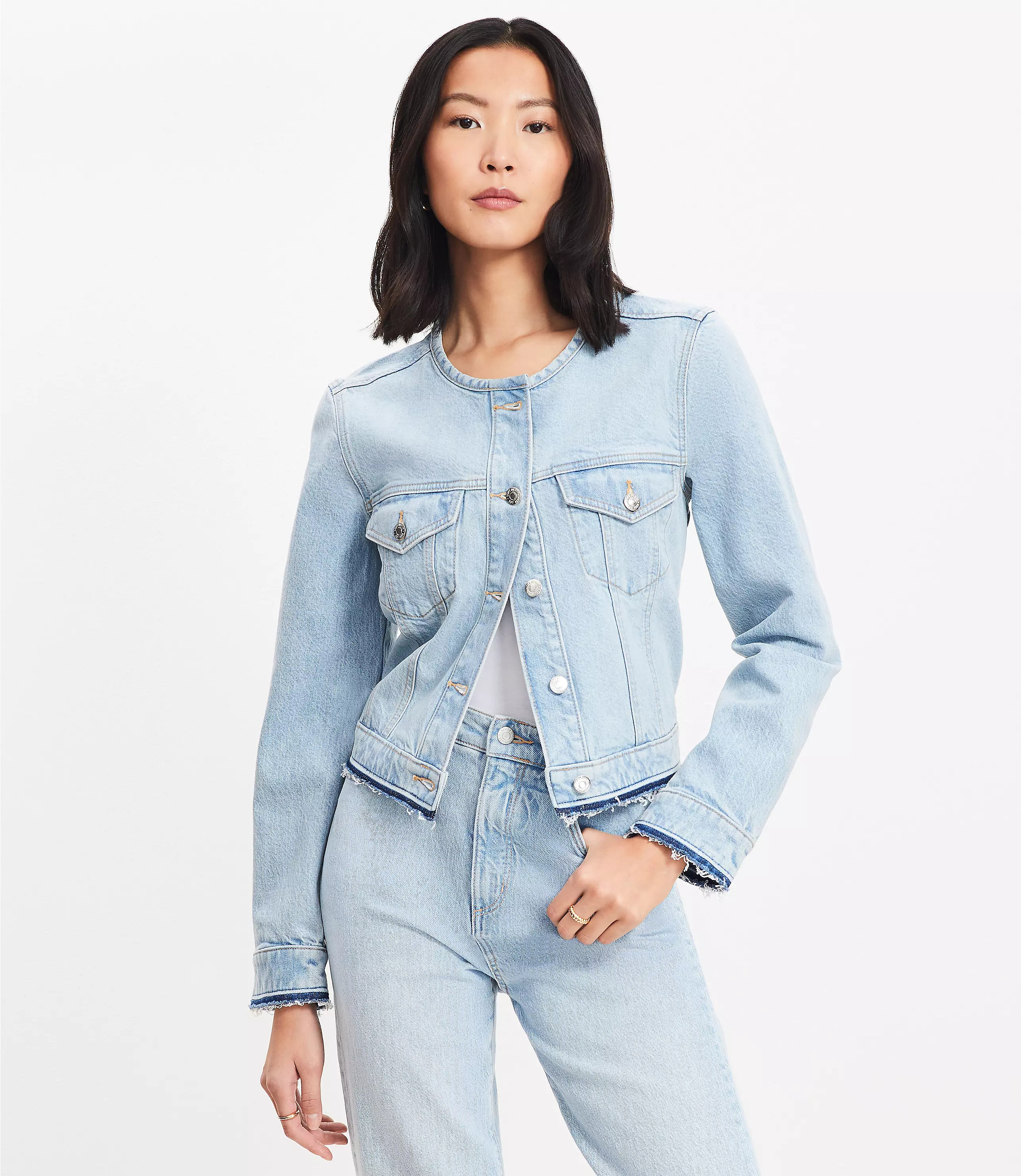 Petite Collarless Denim Jacket in Destructed Light Wash | LOFT