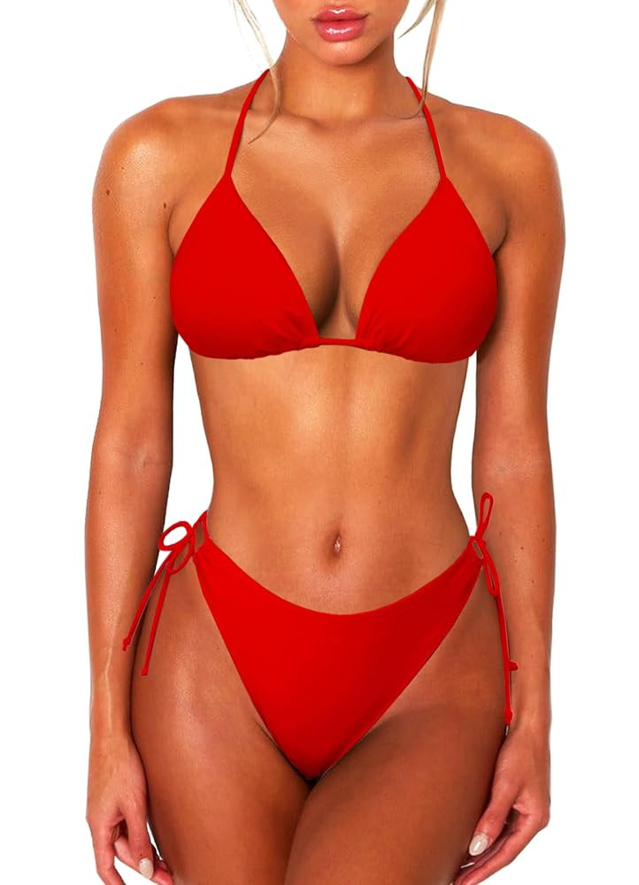 2 Piece Bikini Sets for Women Halter Triangle Bikini Tops Brazilian String Swimsuit Full Coverage... | Amazon (US)