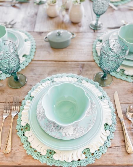 Love this place setting for this mint and white spring table I set! Sharing links + similar options to recreate.

#LTKhome #LTKSeasonal #LTKfamily