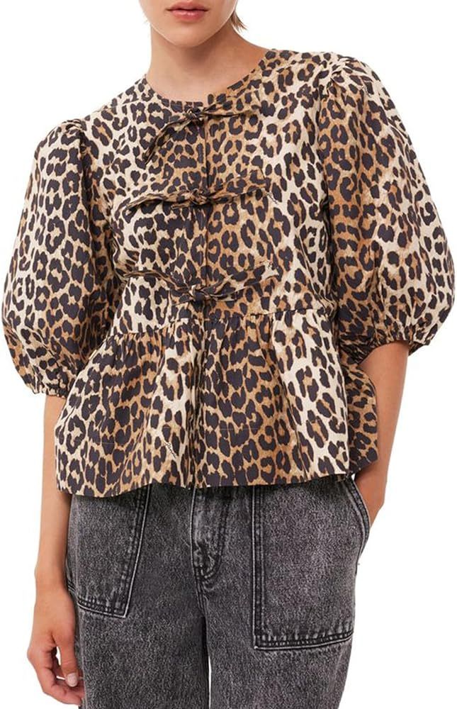 Tie Front Top Blouse Peplum Top Puff Sleeve Leopard Print Cheetah Print Bow Top Coquette Summer T... | Amazon (US)