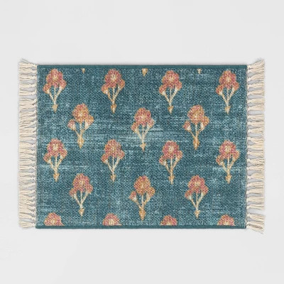 Washable Floral Block Printed Blue Rug Blue - Threshold™ | Target