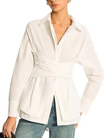 Womens Back Bow Long-Sleeve Shirt Button Down Shirt Lapel Collar Casual Tighten Waist Blouses Top... | Amazon (US)