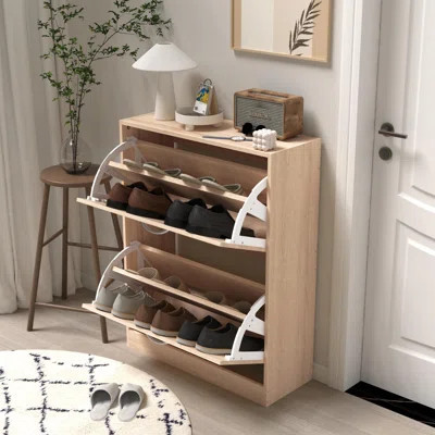Wooden Shoe Cabinet for Entryway, Shoe Storage Cabinet with 2 Flip Doors, Oak color 20.94x9.45x43.11 inch | Wayfair North America