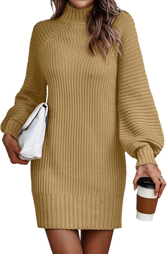 LILLUSORY Women's Mock Turtleneck Sweater Dress Trendy Pullover Puff Sleeve Fall dress Knit Winte... | Amazon (US)