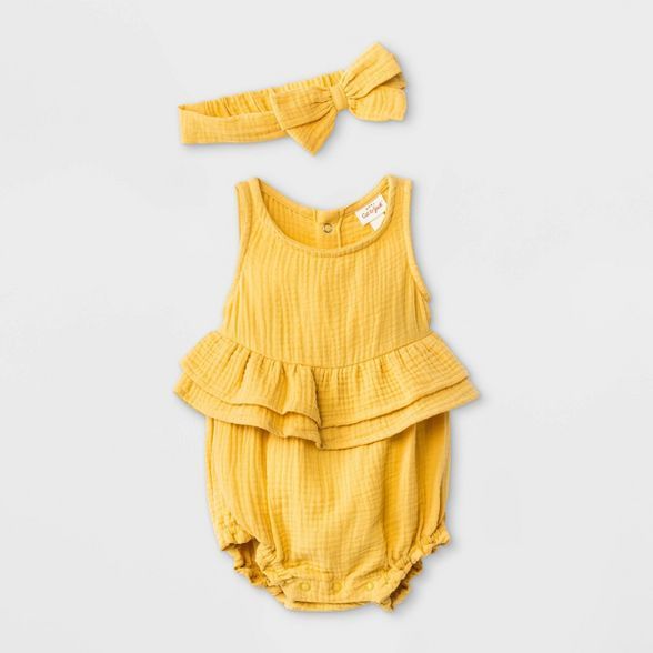 Baby Girls' Gauze Elevated Romper with Headband - Cat & Jack™ Mustard | Target